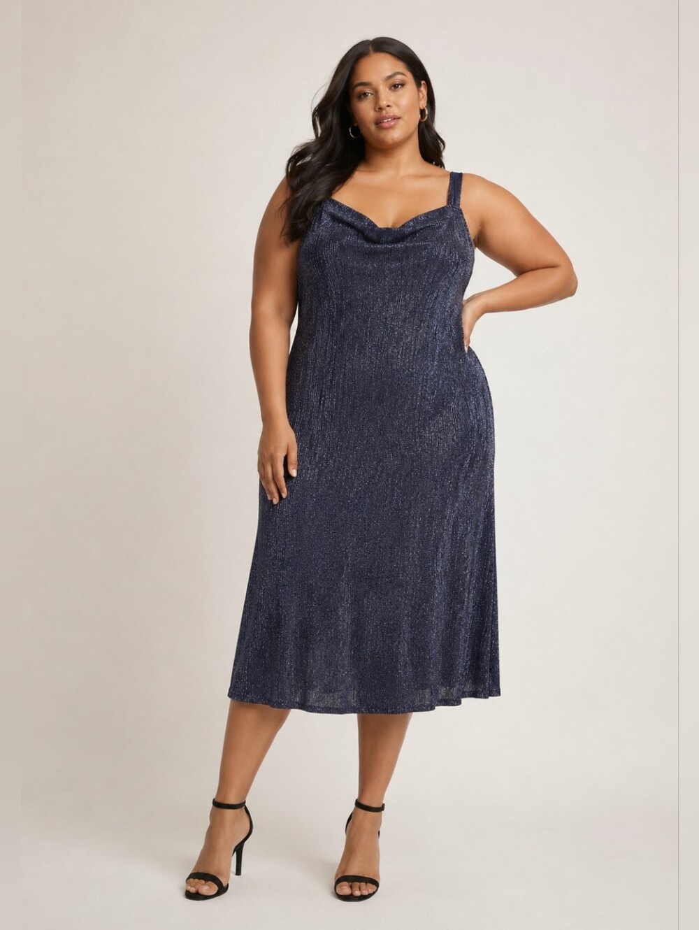 R&M Richards Metallic Pleated Navy Dress 16W Cowl Neck Evening Party
